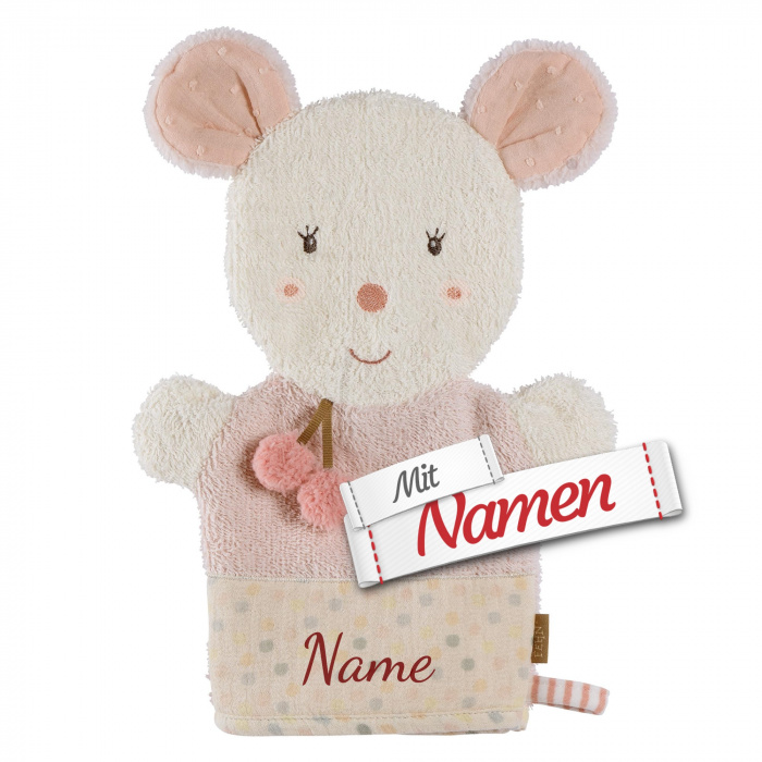 Fehn Maus Waschhandschuh mit Namen bestickt, Baby Waschlappen personalisiert, Mädchen, Rosa