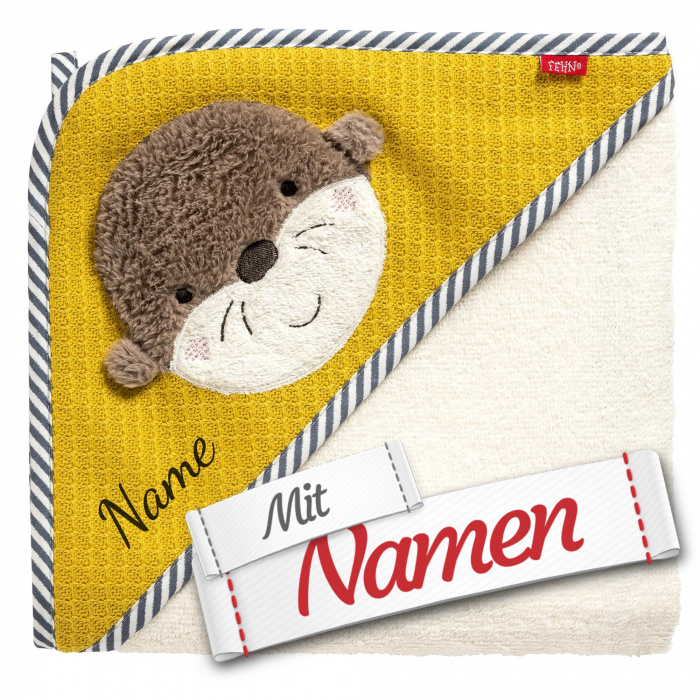 Fehn Otter Theo Kapuzenhandtuch mit Namen bestickt – Kapuzenbadetuch personalisiet, Bade-Poncho aus Frottee mit Kapuze
