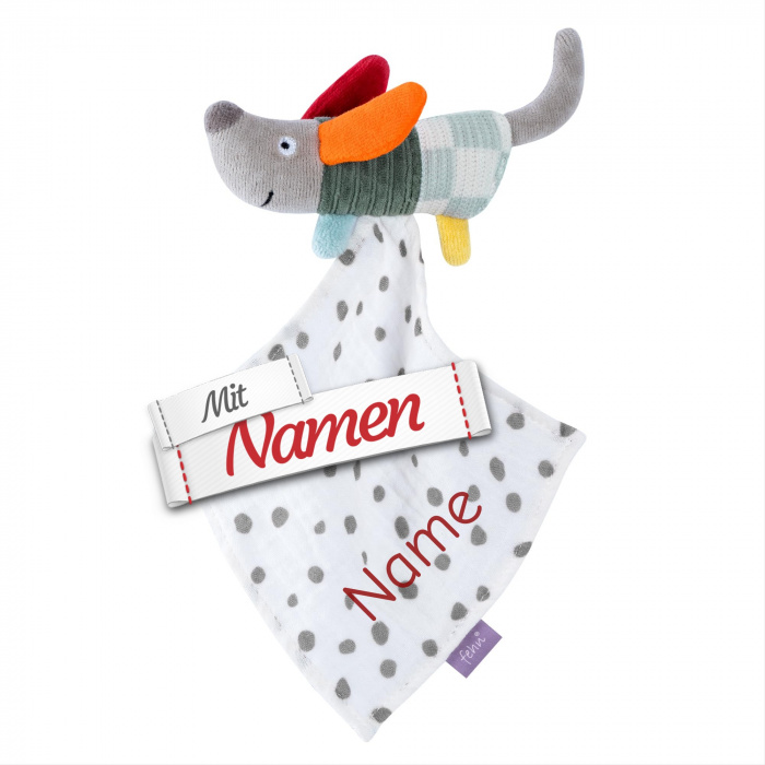 Fehn Schmusetuch Hund bestickt mit Namen als Spielkamerad, Einschlafhilfe und Schnuffeltuch, Babygeschenk personalisiert