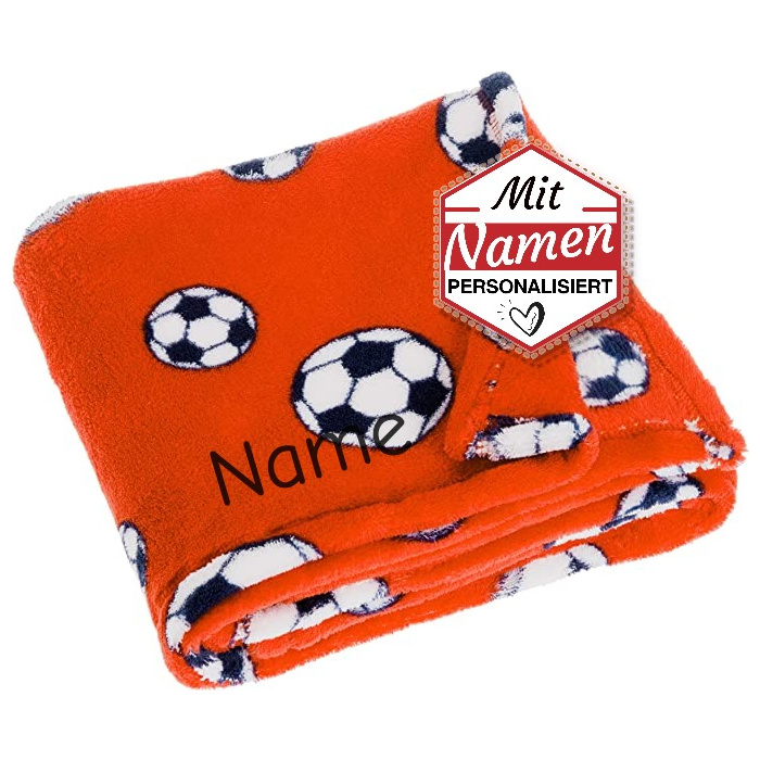 Fußball Decke – Playshoes Fleece-Decke mit Namen bestickt, 75 x 100 cm, Orange