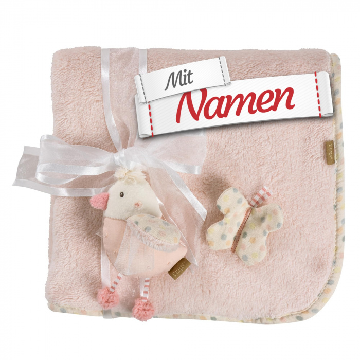 Geschenk zur Geburt: Fehn Rosa Kuscheldecke Vogel mit Namen bestickt für Mädchen