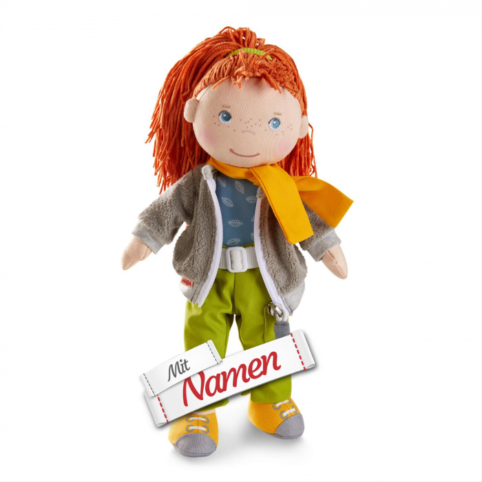 HABA Stoffpuppe mit Namen Puppe Soley bestickt – Weiche Stoffpuppe 30 cm, ideal für Babys und Kleinkinder – waschbar & leicht an- und ausziehbar, ab 18 Monaten