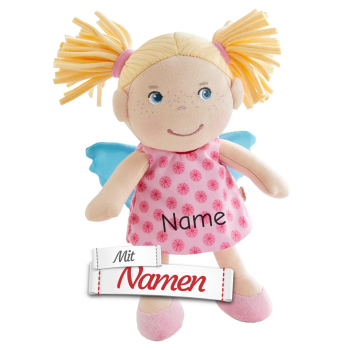 HABA Stoffpuppe Schutzengel Finja, mit Namen bestickt, personalisierte Babypuppe, Geschenk zur Geburt oder Taufe, 20 cm
