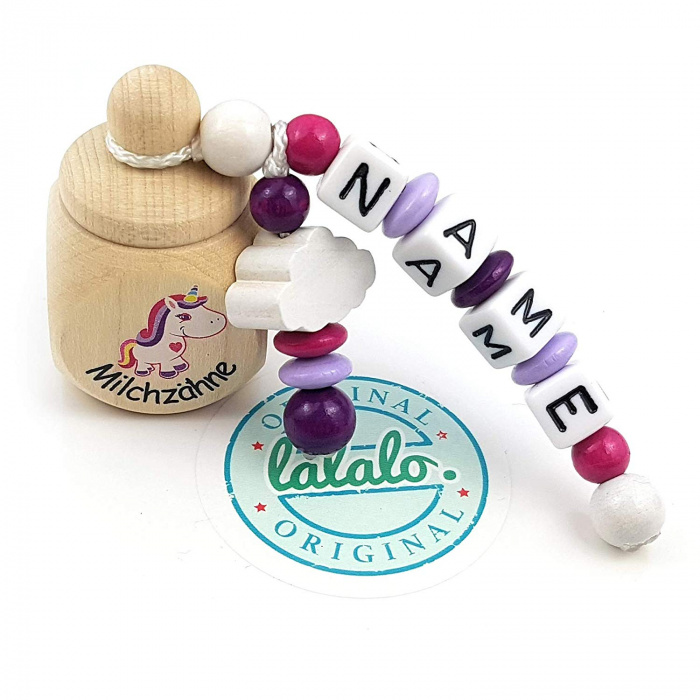 Holz Zahndose für Milchzähne, Einhorn, mit Namenskette personalisiert für Kinder
