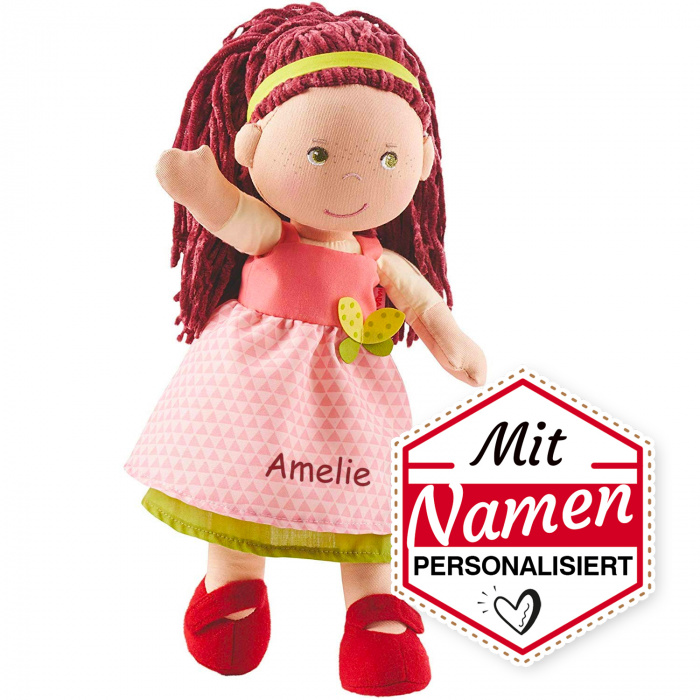 Personalisierte HABA Stoffpuppe Mona - Geschenk zur Geburt oder Taufe, bestickt