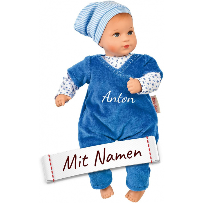 Käthe Kruse Puppe mit Namen bestickt, Kinder Puppe personalisiert für Junge & Mädchen, Mini Bambina Luis blau