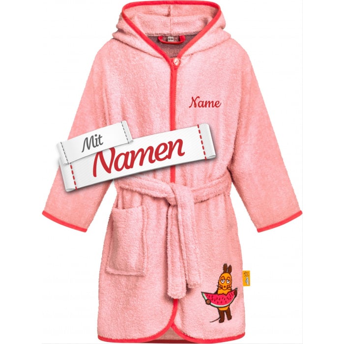 Kinder Bademantel mit Namen bestickt, DIE MAUS mit Melone, Frottee mit Kapuze, Gr. 86/92
