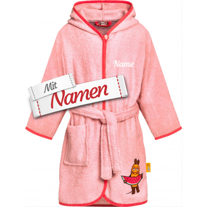 Kinder Bademantel mit Namen bestickt, DIE MAUS mit Melone, Frottee mit Kapuze, Gr. 98/104