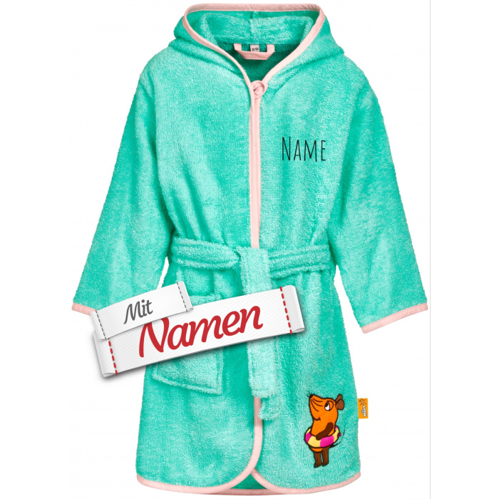 Kinder Bademantel mit Namen bestickt, DIE MAUS mit Schwimmring, mit Kapuze, Gr. 98/104