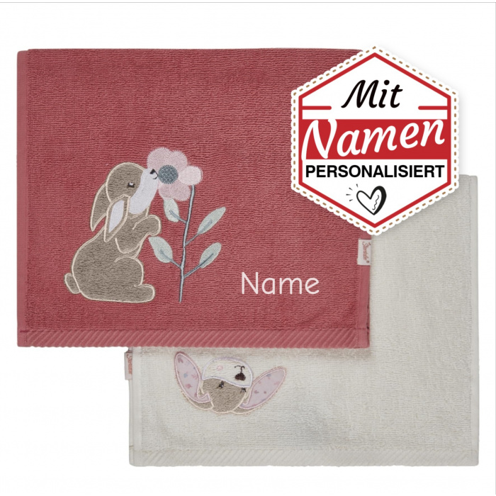Kinderhandtuch mit Namen Hanni Hase – Sterntaler 2er Set, bestickt, perlrosa-rot und weiß