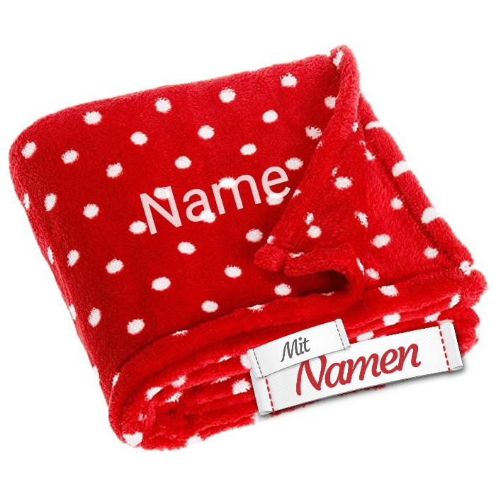 Kuscheldecke mit Namen bestickt – Rot mit weißen Punkten von Playshoes