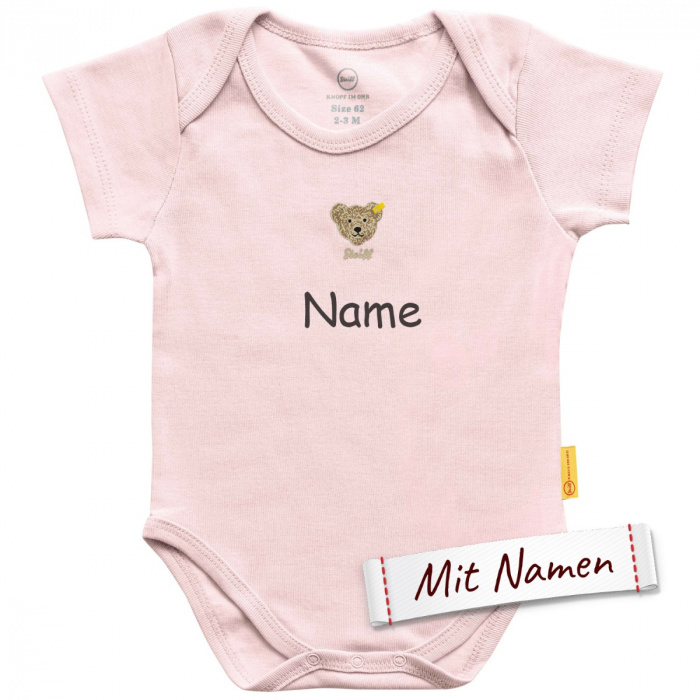 Steiff Baby Body mit Namen personalisiert, rosa, Größe 68/3-6M, Geschenkidee Geburt, bestickt