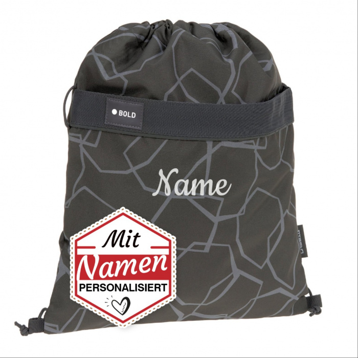 LÄSSIG Lässig Sportbeutel mit Namen personalisiert, Kinder Turnbeutel mit Rucksackfunktion – bestickt für Schule und Sport, Schwarz / Grau