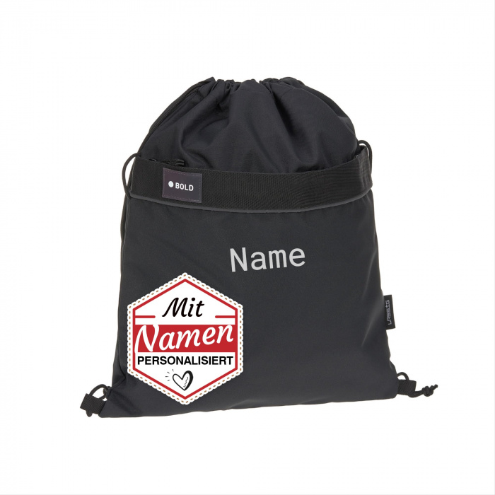 Lässig Sportbeutel mit Namen bestickt, Bold Black, Kinder Turnbeutel mit Rucksackfunktion/School String Bag für Schule und Sport