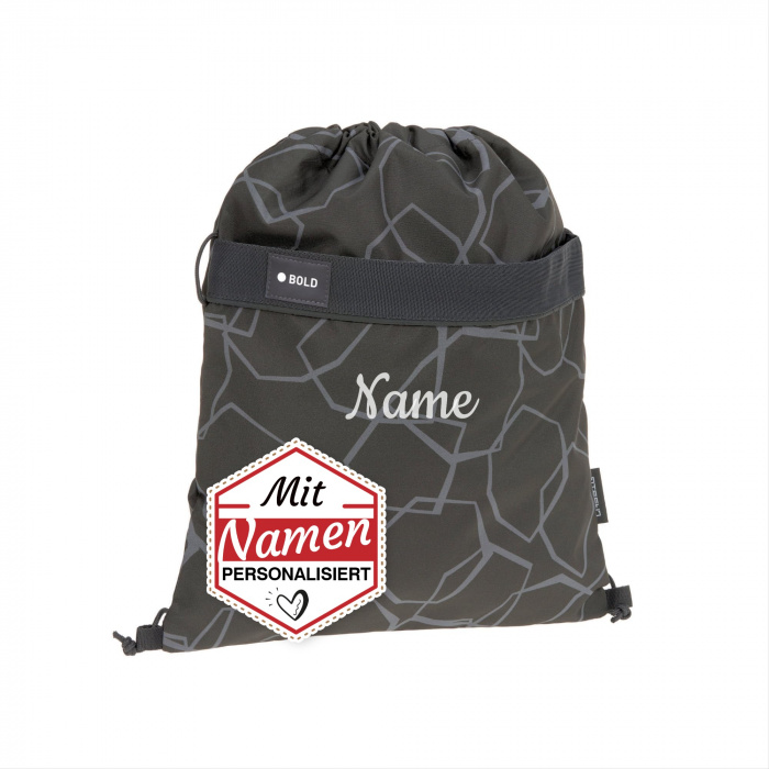 Lässig Sportbeutel mit Namen personalisiert, Kinder Turnbeutel mit Rucksackfunktion – bestickt für Schule und Sport, Schwarz / Grau