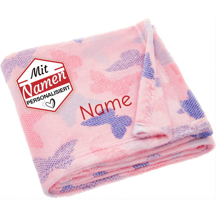Mädchen Kuscheldecke mit Namen Schmetterlinge Schmetterling – Playshoes Fleece-Decke bestickt in Rosa, 75x100 cm