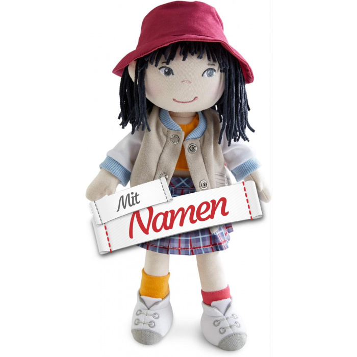 Personalisierte HABA Puppe Yuki, Bestickte Stoffpuppe mit Namen, 30 cm, Bestickung am Rücken