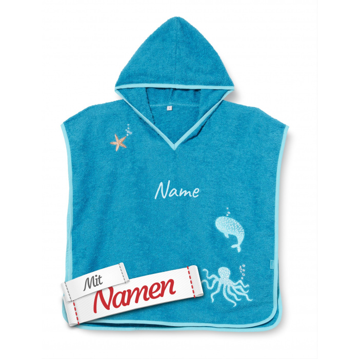 Playshoes Kinder Poncho personalisiert, Kinder Meerestiere Badeponcho in Türkis, mit Namen bestickt, Größe S bis ca. 4 Jahre