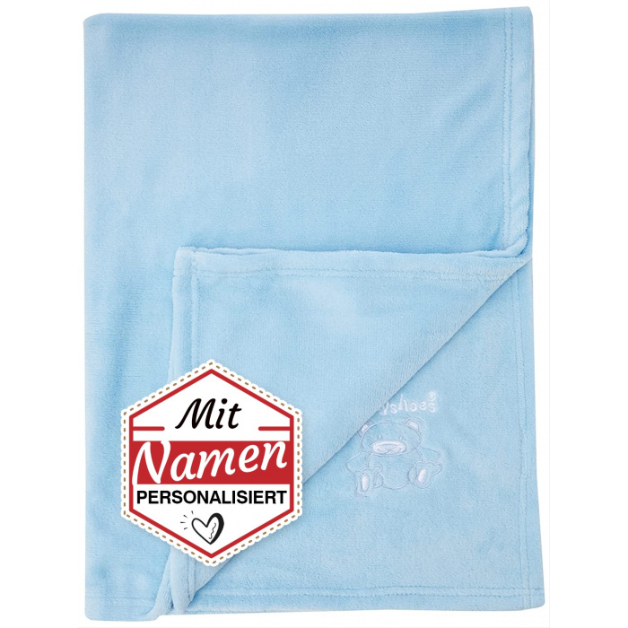 Playshoes Kuscheldecke mit Namen Bär Kollektion in Blau, bestickt als persönliches Kindergeschenk