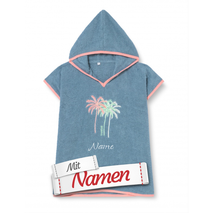 Playshoes Poncho personalisiert – Palmen Frottee-Badeponcho in Blau Rosa, Größe S 1–4 Jahre, Name bestickt