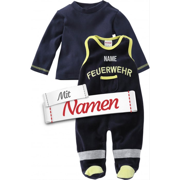 Playshoes Strampler-Set Feuerwehr mit Namen bestickt, Nicki, Marine, Gr. 56