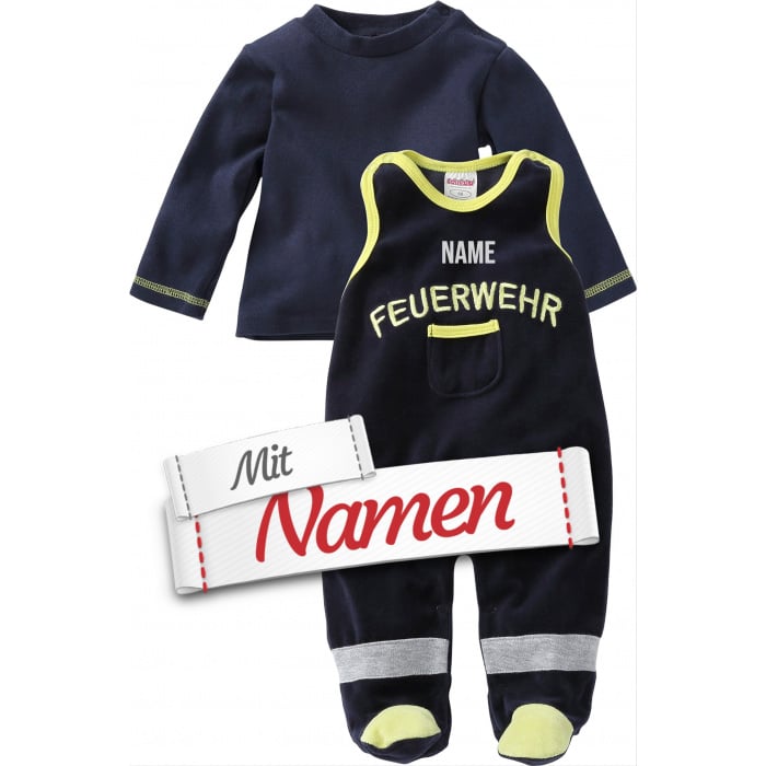 Playshoes Strampler-Set Feuerwehr mit Namen bestickt, Nicki, Marine, Gr. 62