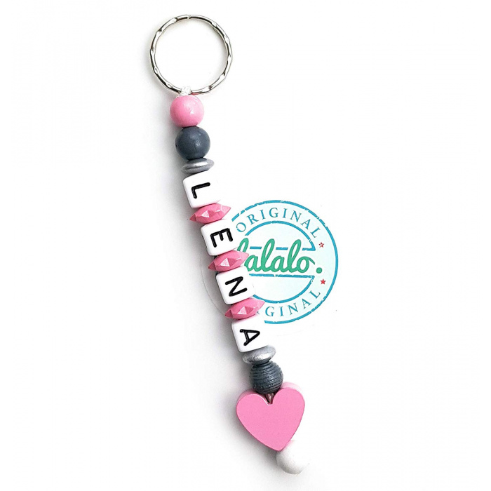 Schlüsselanhänger personalisiert mit Herz Rosa, Namenskette für Frauen / Mädchen, Geschenkidee Schulanfang