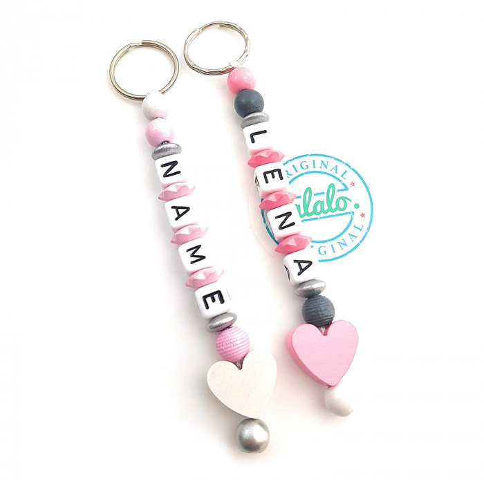 Schlüsselanhänger personalisiert mit Herz Rosa/Grau, Namenskette für Frauen / Mädchen, Geschenkidee Führerschein