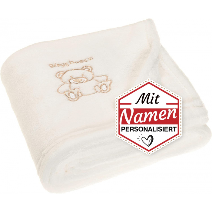 Schmusedecke mit Namen bestickt Bär Kollektion - Playshoes Fleece Kuscheldecke in Beige Natur 75x100 cm