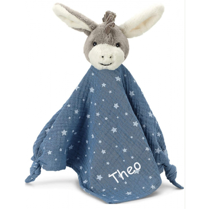 Schmusetuch personalisiert Esel Emmi Esel in Blau aus Musselin, mit Namen bestickt von Sterntaler