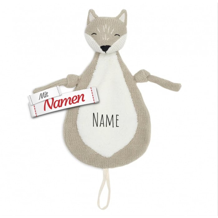 Schmusetuch personalisiert mit Namen, Fuchs, Schnuffeltuch mit Schnullerhalter