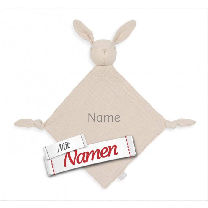 Schmusetuch personalisiert mit Namen, Hase Nougat, Schnuffeltuch mit Schnullerhalter