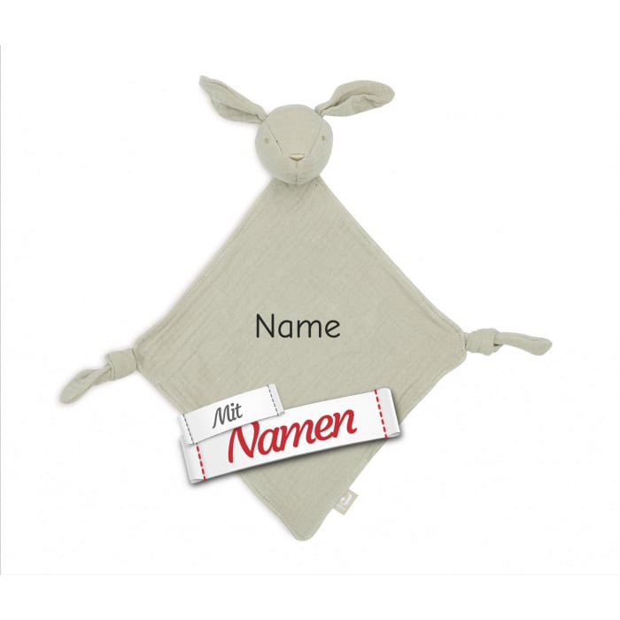Schmusetuch personalisiert mit Namen, Hase Olivgrün, Schnuffeltuch mit Schnullerhalter