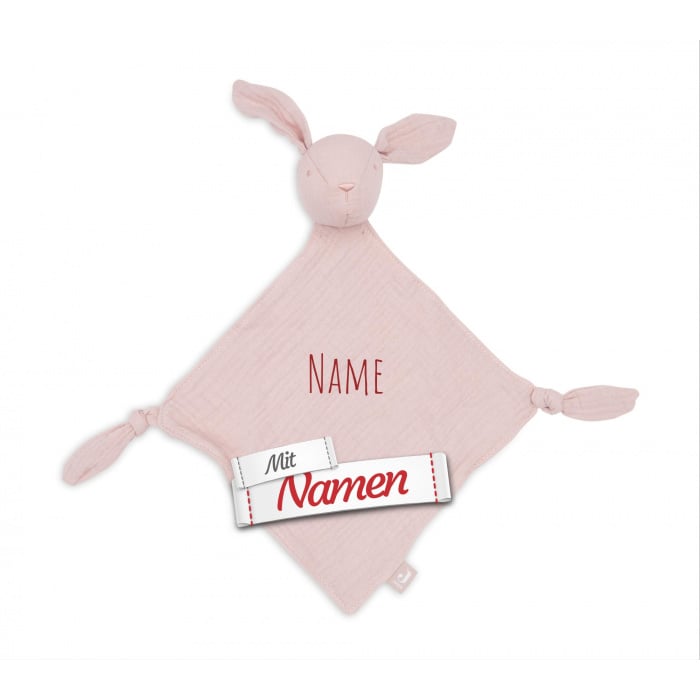 Schmusetuch personalisiert mit Namen, Hase Rosa, Schnuffeltuch mit Schnullerhalter