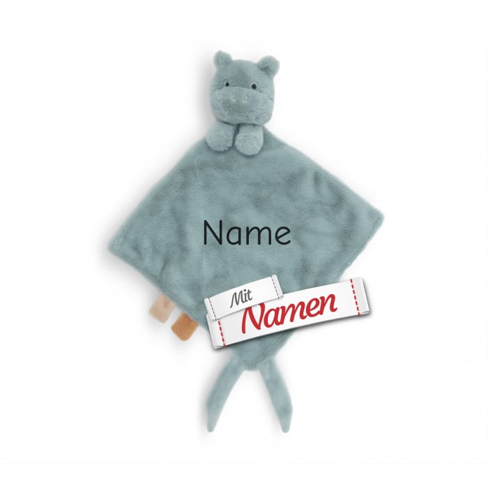Schmusetuch personalisiert mit Namen, Nilpferd Happy, Schnuffeltuch mit Schnullerhalter