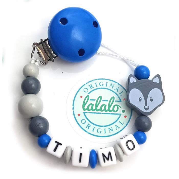 Schnullerkette mit Namen: Handmade Schnullerkette Fuchs Blau Schnullerhalter, Jungen Geschenk zur Geburt