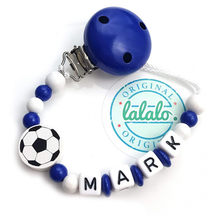 Schnullerkette mit Namen: Handmade Fußball, Dunkel Blau Namenskette, Junge Geschenk zur Geburt