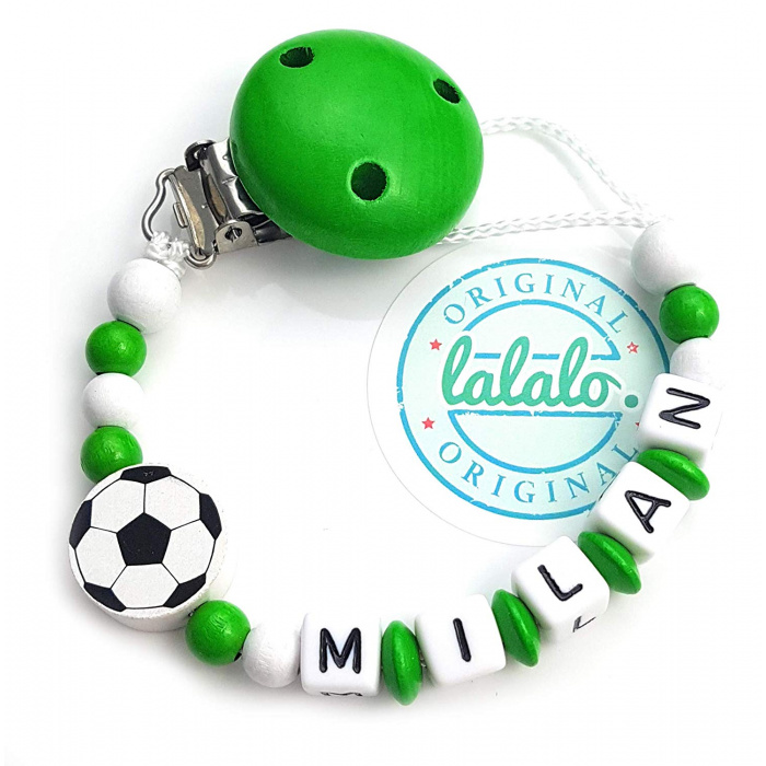 Schnullerkette mit Namen: Handmade Fußball Grün/Weiß Namenskette, Junge, Baby Geschenk