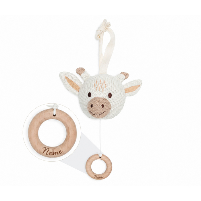 Spieluhr Baby personalisiert mit Namen, Giraffe, Holzring graviert, Babygeschenk