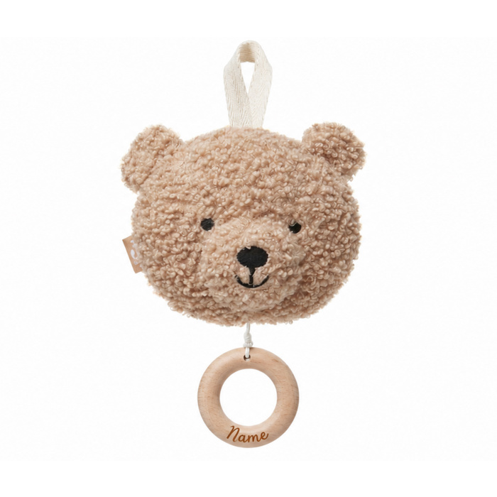 Spieluhr Baby personalisiert mit Namen, Teddybär Biscuit, Holzring graviert, Babygeschenk