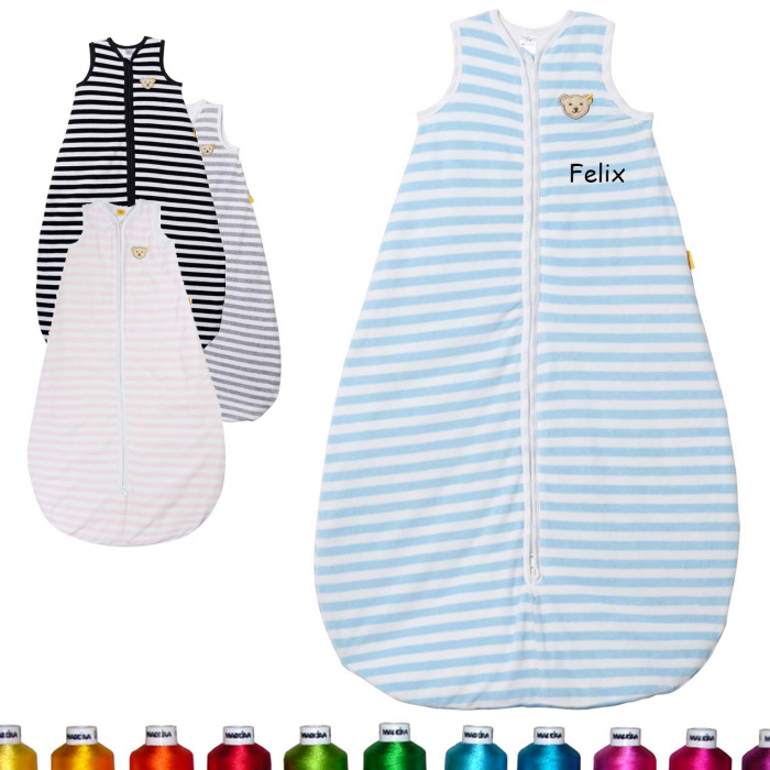 Steiff Babyschlafsack ohne Ärmel Gestreift L90 Hellblau, bestickt