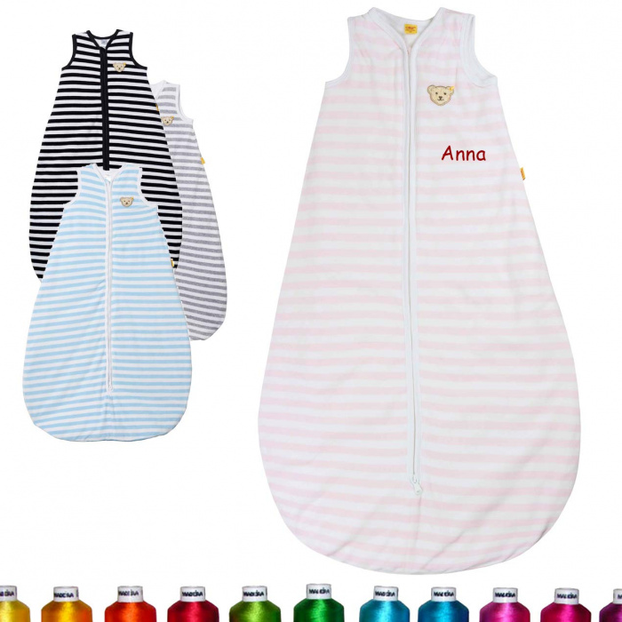 Steiff Babyschlafsack ohne Ärmel Gestreift L70 Rosa, bestickt