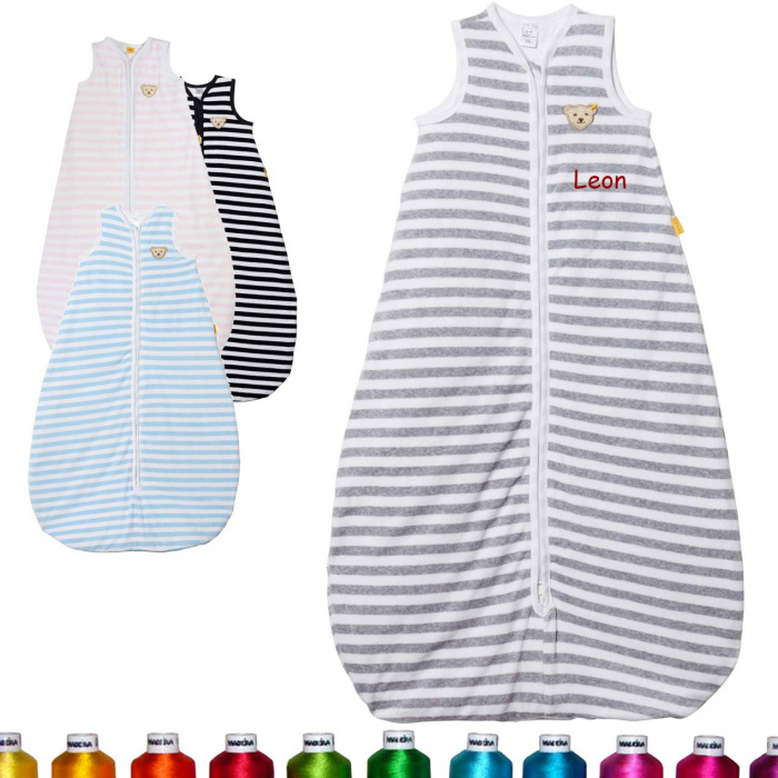 Steiff Babyschlafsack ohne Ärmel Gestreift L90, Grau, bestickt
