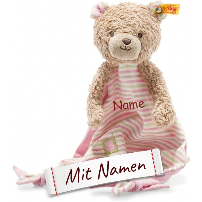 Margarete Steiff GmbH Steiff Bär Schmusetuch mit Namen Bestickt, GOTS Bio Baumwolle, Baby & Kleinkinder Spielkamerad & Einschlafhilfe, Kuscheltuch Schnuffeltuch (Teddybär Rosy)