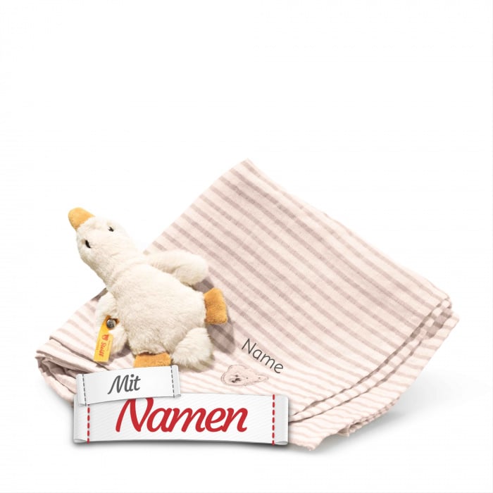 Steiff Gilda Gans Geschenkset mit Namen bestickt, Greifling mit Rassel + Spucktuch