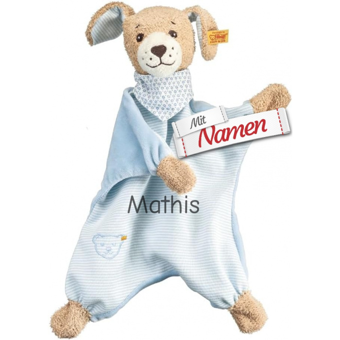 Steiff Kuscheltuch / Schnuffeltuch Gute Nacht Hund mit Name bestickt, Blau