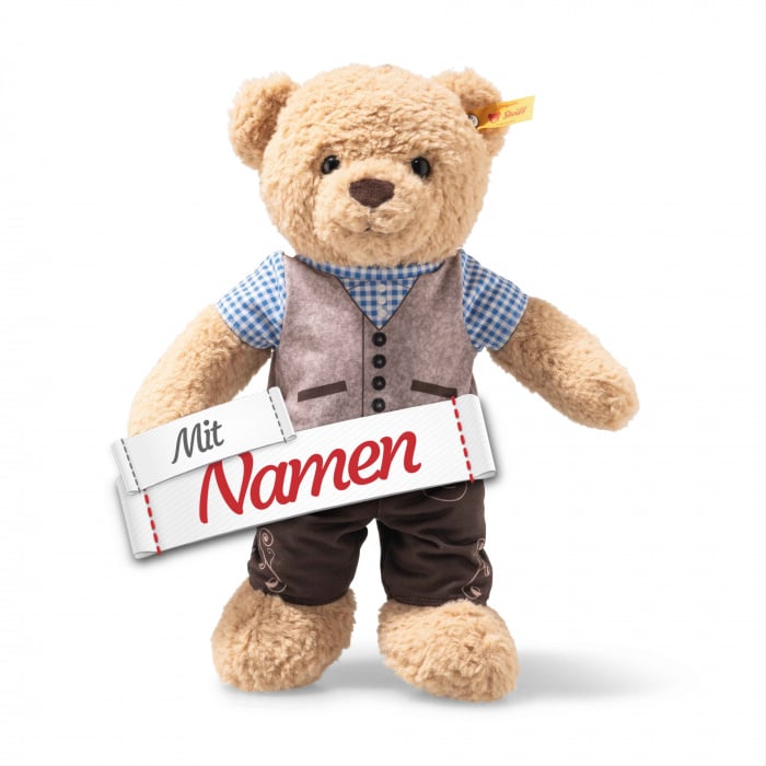 Steiff Teddybär Ben mit Namen bestickt, Bayern Tracht mit Lederhose, 30 cm Beige
