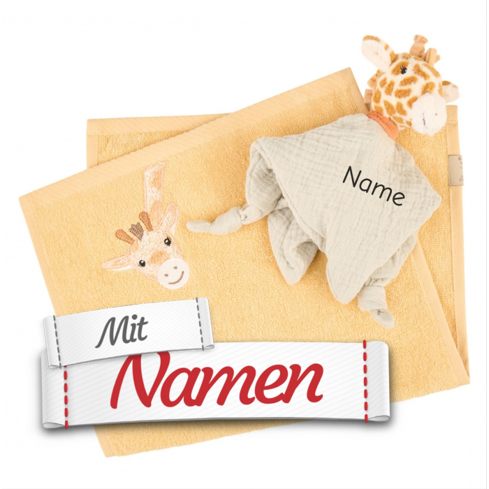 Sterntaler Baby Geschenkset Giraffe Kaya mit Namen bestickt, Schmusetuch + Handtuch
