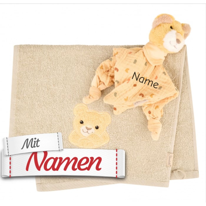 Sterntaler Baby Geschenkset Löwe Leo mit Namen bestickt, Schmusetuch + Handtuch
