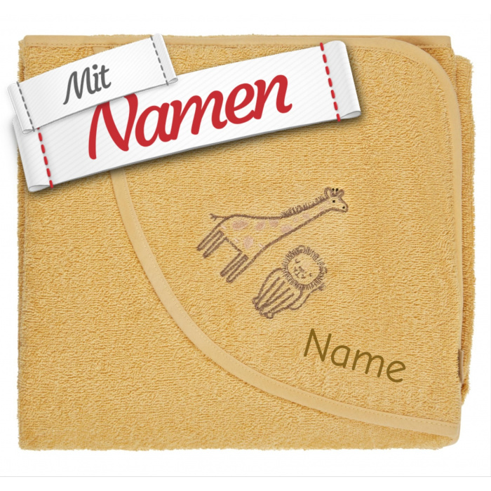 Sterntaler Baby Kapuzenbadetuch mit Namen bestickt Giraffe Kaya und Löwe, Badetuch personalisiert mit niedlicher Applikation für Babys und Kleinkinder, Ocker